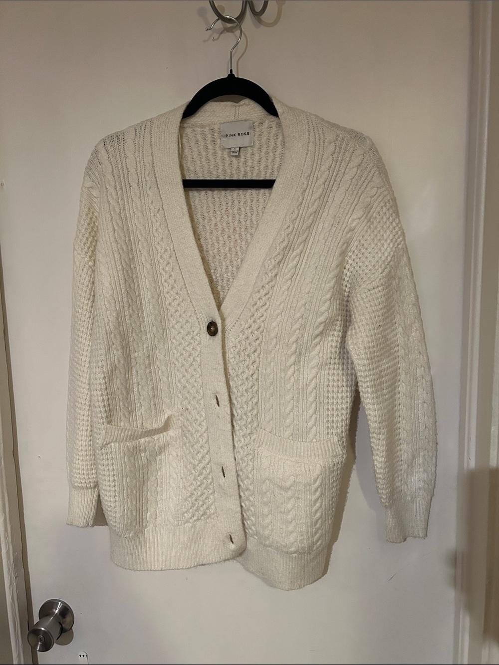 Pink Rose Ivory Cable Knit Pocket Cardigan